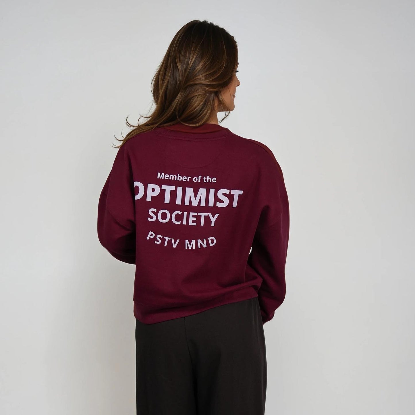 Member of the Optimist Society. Crewneck in Rich Wine Red