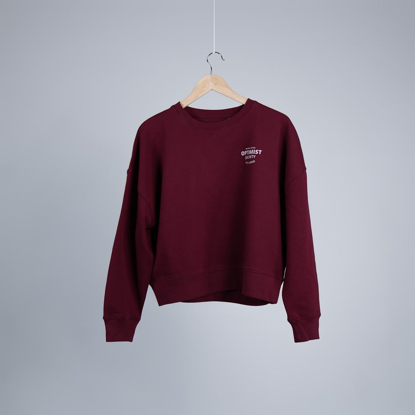 Member of the Optimist Society. Crewneck in Rich Wine Red